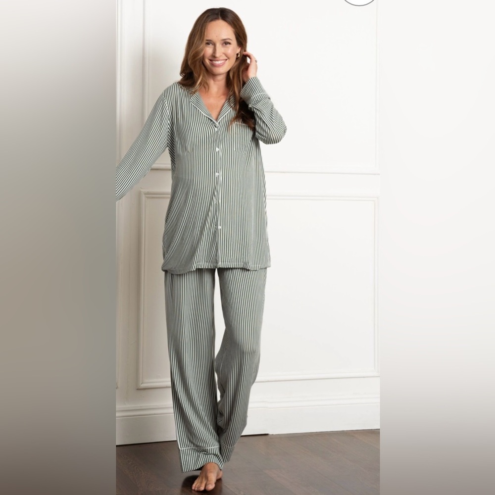 Piped Shirt Maternity and Nursing Pyjama Set – Aoife Green Stripe